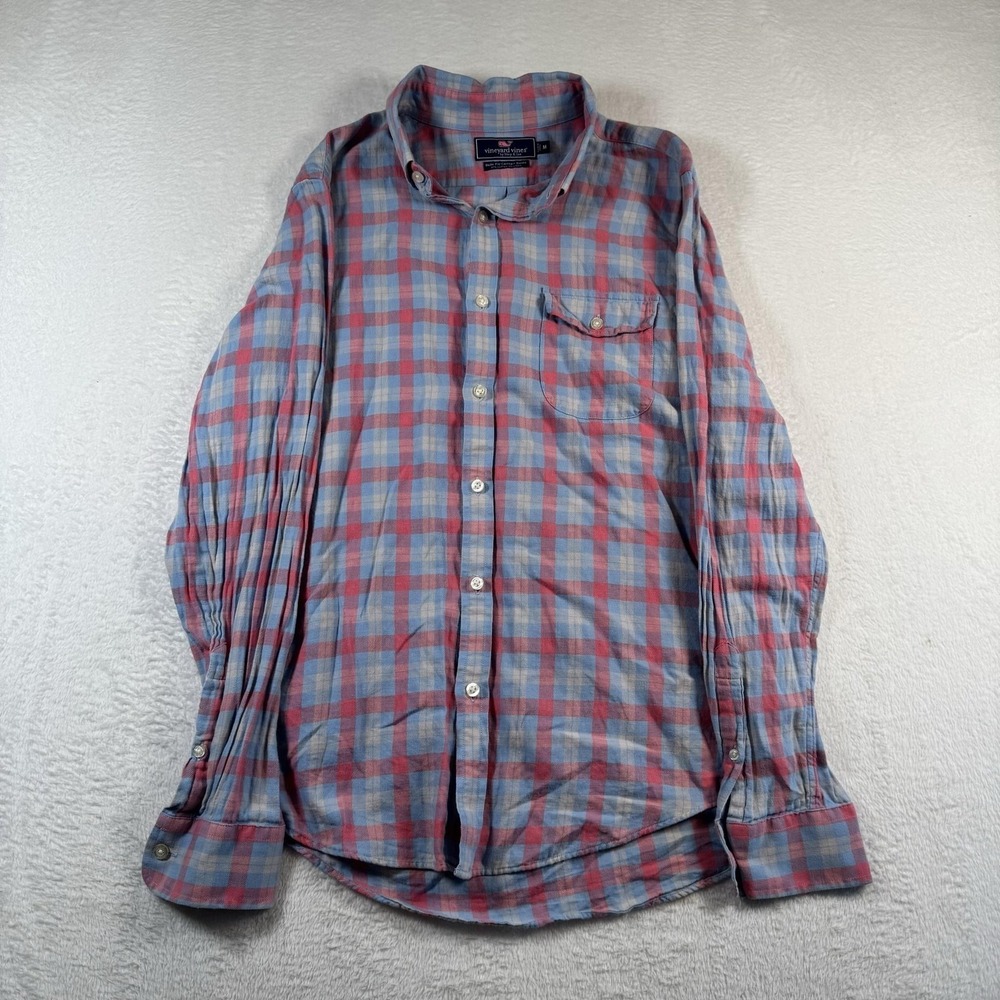 Vineyard Vines Shirt Mens Medium Blue Red Plaid Slim Fit Long Sleeve Button Down